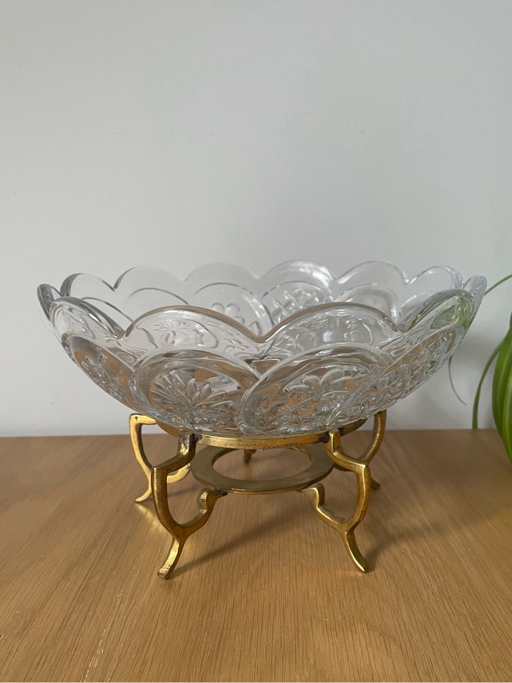 Vintage Crystal Clear Studios Japan Glass Scalloped Bowl with Brass Stand